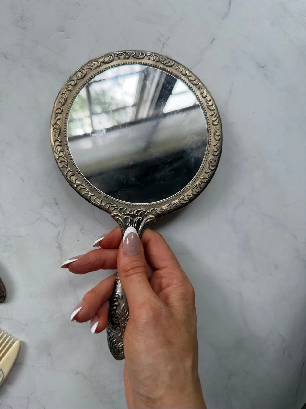 Vintage 3 PC Ornate Silverplated Vanity Hand Mirror, Brush & Comb Set